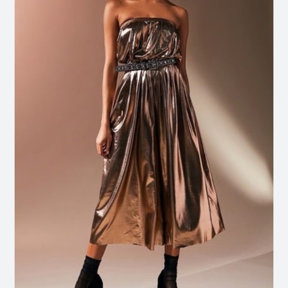 Urban Outfitters Metallic Bronze Copper Wide Leg Strapless Jumpsuit - Picture 2 of 5
